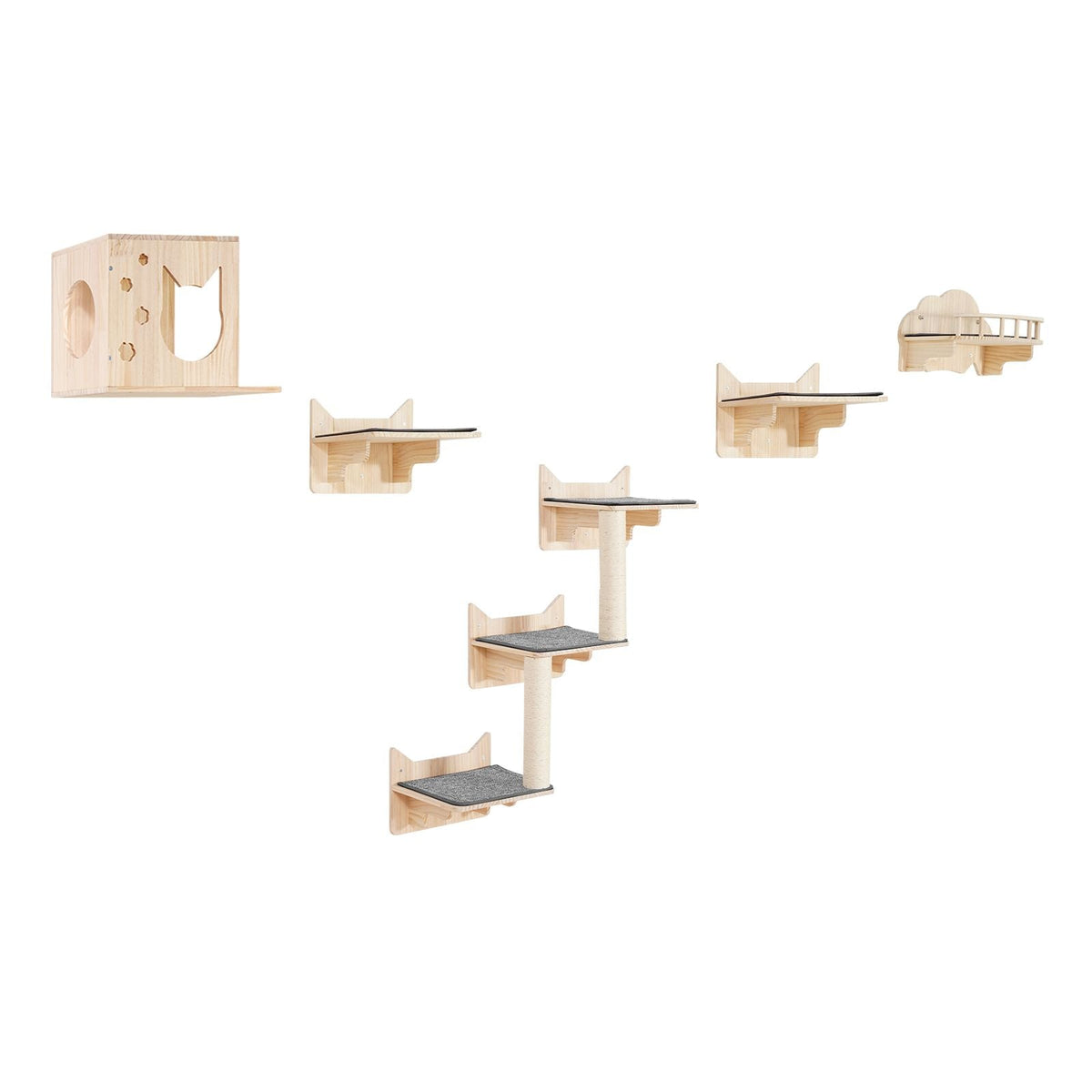 Wall Mounted Cat Shelves, Cat Wall Shelves and Perches with Jumping Boards, Nest, Barrier Board & Cat Tree, Cat Floating Furniture up to 40 lbs for Sleeping, Playing, Climbing, Set of 5