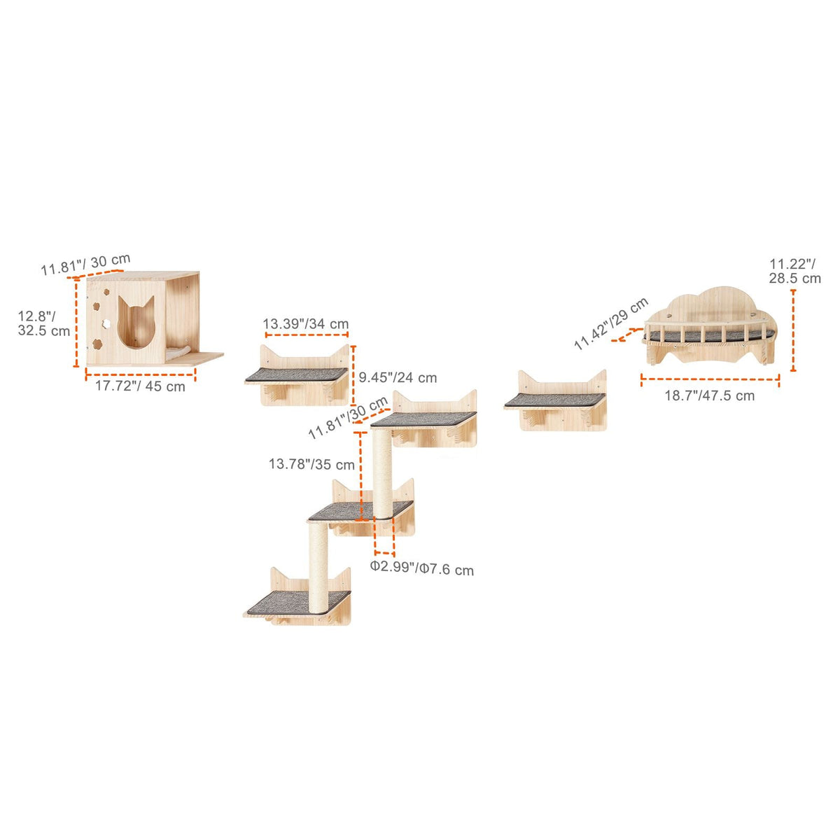 Wall Mounted Cat Shelves, Cat Wall Shelves and Perches with Jumping Boards, Nest, Barrier Board & Cat Tree, Cat Floating Furniture up to 40 lbs for Sleeping, Playing, Climbing, Set of 5