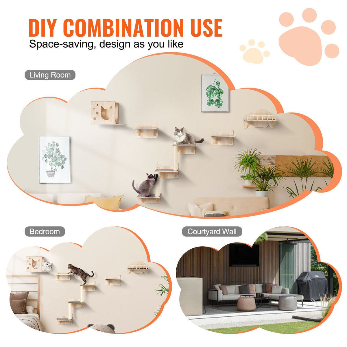 Wall Mounted Cat Shelves, Cat Wall Shelves and Perches with Jumping Boards, Nest, Barrier Board & Cat Tree, Cat Floating Furniture up to 40 lbs for Sleeping, Playing, Climbing, Set of 5