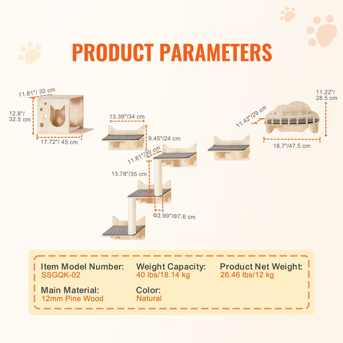 Wall Mounted Cat Shelves, Cat Wall Shelves and Perches with Jumping Boards, Nest, Barrier Board & Cat Tree, Cat Floating Furniture up to 40 lbs for Sleeping, Playing, Climbing, Set of 5