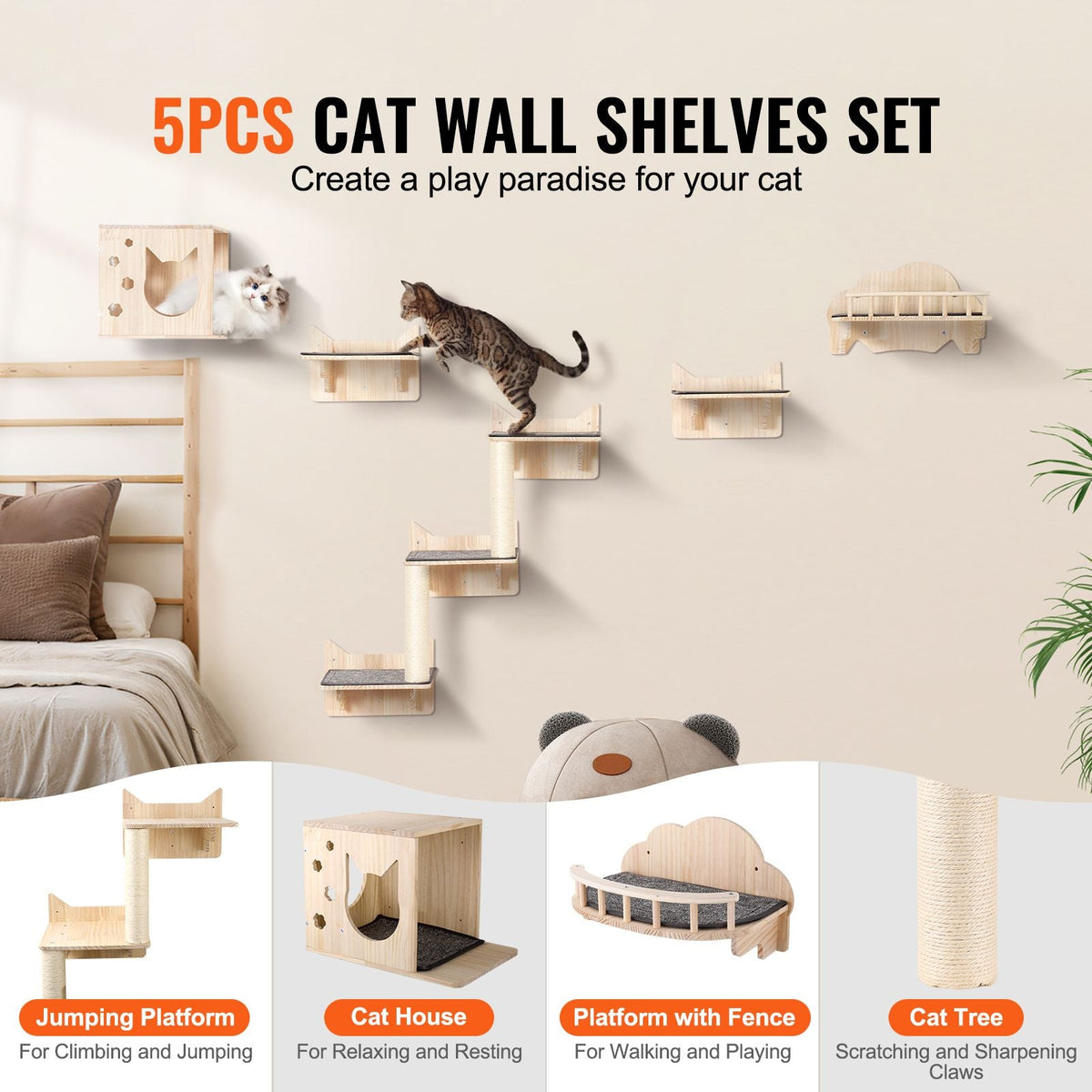 Wall Mounted Cat Shelves, Cat Wall Shelves and Perches with Jumping Boards, Nest, Barrier Board & Cat Tree, Cat Floating Furniture up to 40 lbs for Sleeping, Playing, Climbing, Set of 5