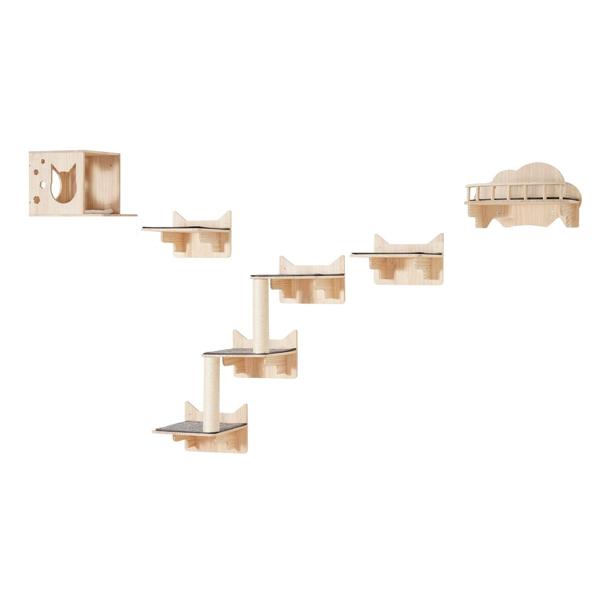 Wall Mounted Cat Shelves, Cat Wall Shelves and Perches with Jumping Boards, Nest, Barrier Board & Cat Tree, Cat Floating Furniture up to 40 lbs for Sleeping, Playing, Climbing, Set of 5