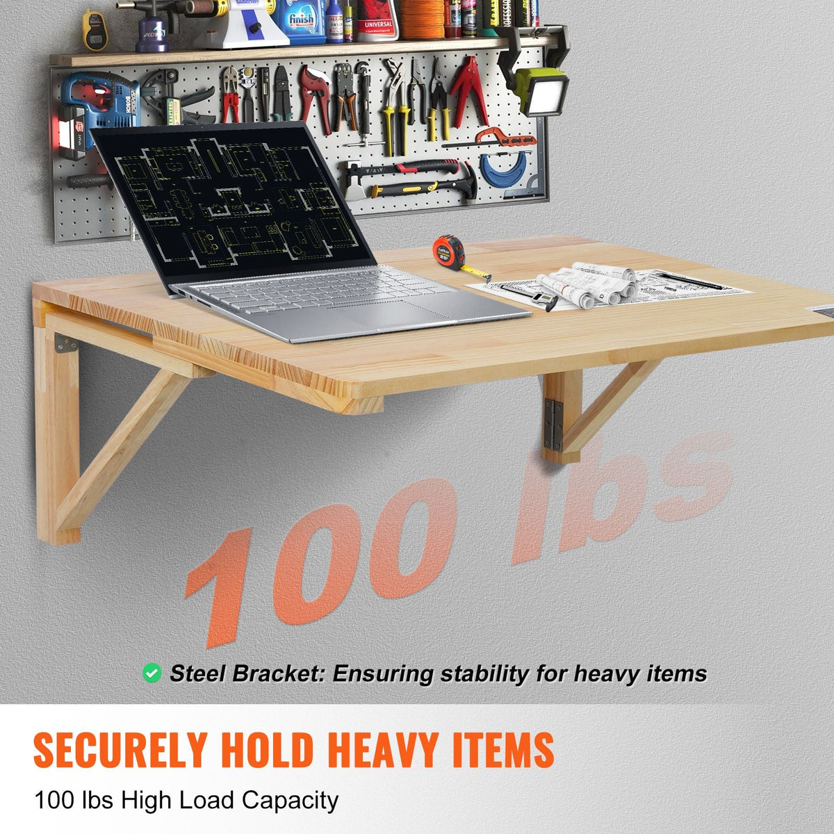 Wall Mounted Folding Table, 31.5" x 23.62" Wall Mount Drop Leaf Table, Wooden Floating Desk with Iron Bracket, Fold Down Desk for Small Spaces, Home Office, Dining, Laundry Room, Kitchen, Bar