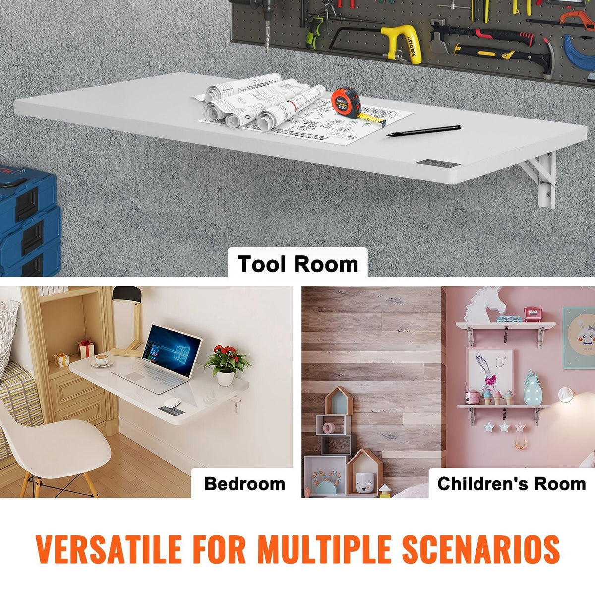 Wall Mounted Folding Table, 35.4 x 19.7 inches Wall Mount Table, Floating Desk with Iron Bracket, Fold Down Desk for Small Spaces, Home Office, Dining, Laundry Room, Kitchen, Bar, White