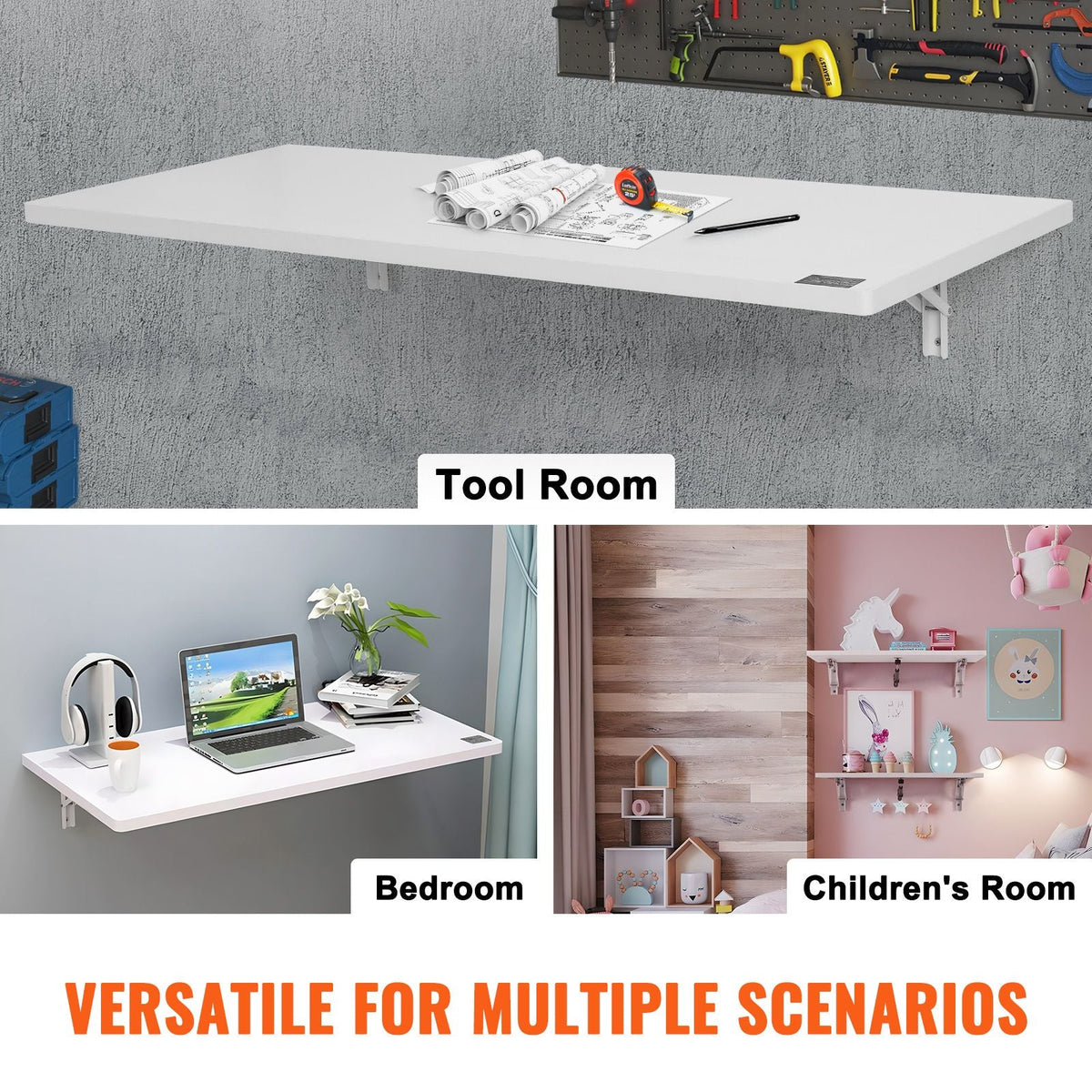Wall Mounted Folding Table, 47.2 x 19.7 inches Wall Mount Table, Floating Desk with Iron Bracket, Fold Down Desk for Small Spaces, Home Office, Dining, Laundry Room, Kitchen, Bar, White