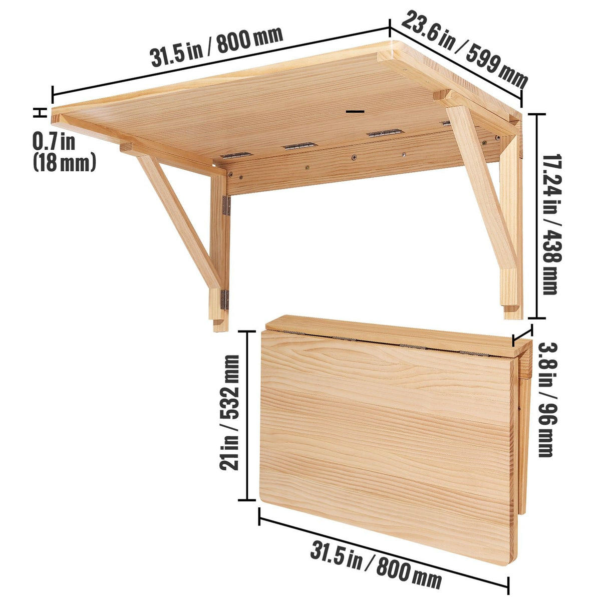 Wall Mounted Folding Table, Wall Mounted Drop Leaf Tables, Solid Wood Floating Desk for Dining, Laundry Room, Office, 31.5" x 23.58" x 17.24" Fold Down Desk