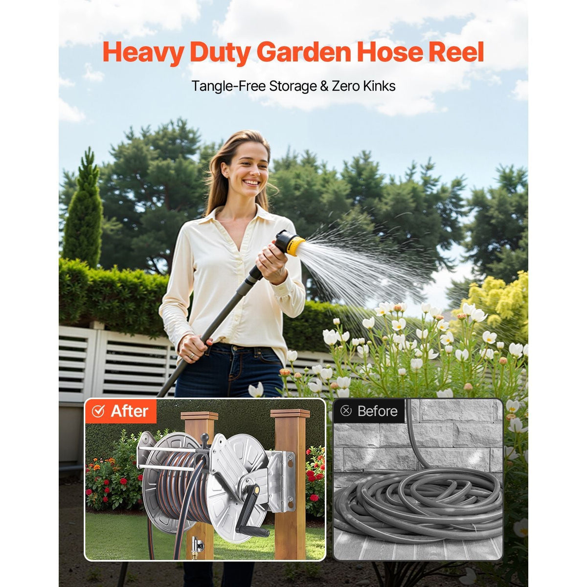 Wall Mounted Garden Hose Reel, Holds 150 ft 5/8-inch Water Hose Winder, Heavy-Duty Stainless Steel, Outdoor Manual Reel with Brass Fitting & Hose Guide, Space Saving, for Yard Lawn Garage