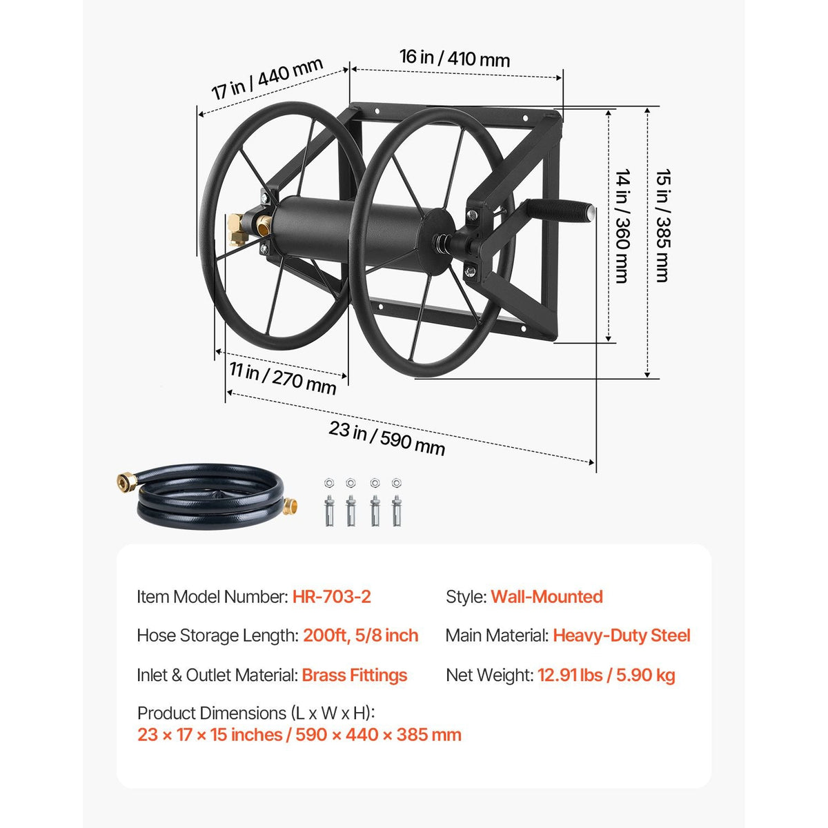 Wall Mounted Garden Hose Reel, Holds 200 ft 5/8-inch Manual Water Hose Winder, Heavy-Duty Steel, Outdoor Reel with Brass Fitting & 5ft Leader Hose, Space Saving, for Yard Lawn Garage