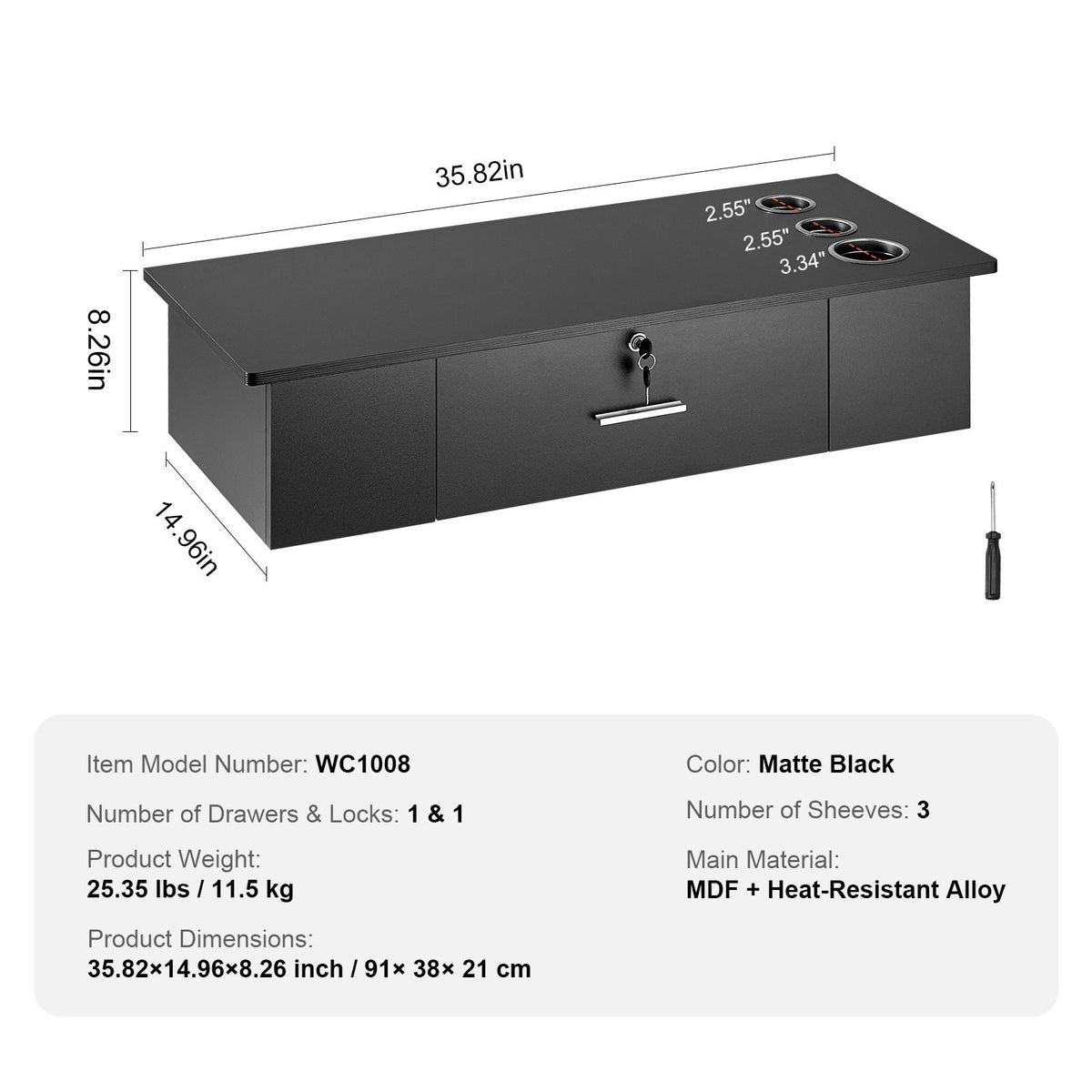 Wall-Mounted Salon Workstation, Equipped with 3 Holders for Hair Dryers, Secure Drawer with Lock, Ideal for SPA, Hairdressing Salons, Home & Bathroom Use, in Sleek Black