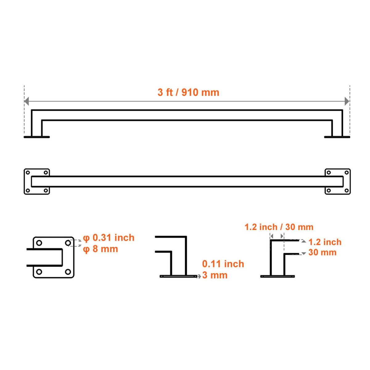 Wall Mounted Stair Handrail, 3ft Black Iron Staircase Handrail Indoor, 250lbs Load Capacity, Industrial Railing Hand Rail for Steps, Square Tube for Loft Porch Deck, 2 Sections