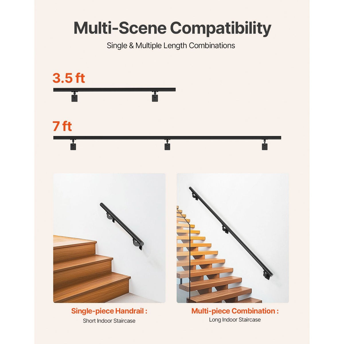 Wall Mounted Stair Handrail, 7ft Pipe Staircase Handrail, Black Galvanized Aluminum, 1.26 inch Pipe Diameter, Indoor&Outdoor Staircase Railing,Industrial Hand Rail for Steps,Security Baluster