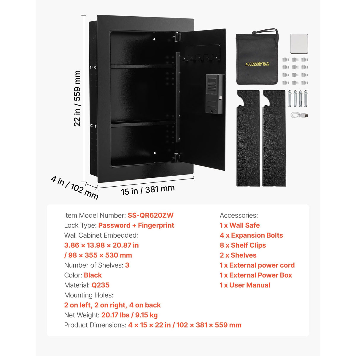 Wall Safe, 3-Tier Hidden Wall Safe with Fingerprint, Password, Key & Turning Knob, Q235 Cold-Rolled Steel In-Wall Box with Adjustable Shelves & Key Holders for Money, Jewelry, Passport, Document