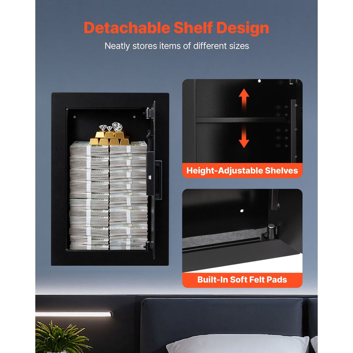 Wall Safe, 3-Tier Hidden Wall Safe with Fingerprint, Password, Key & Turning Knob, Q235 Cold-Rolled Steel In-Wall Box with Adjustable Shelves & Key Holders for Money, Jewelry, Passport, Document