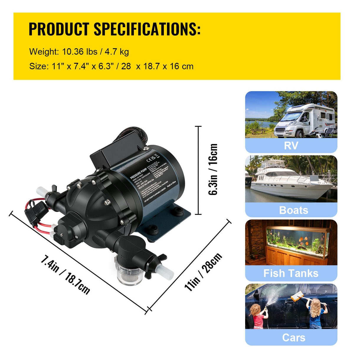 Washdown Pump, 12V DC, 7 GPM 60 PSI, Max. 10 FT Lift Self Priming Water Pump, with EPDM Valve, Universal Salt Water Strainer & Female/Male Thread, for RV, Marine Deck, Yacht