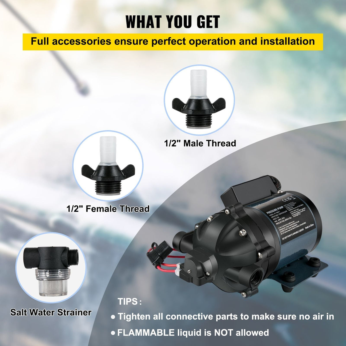 Washdown Pump, 12V DC, 7 GPM 60 PSI, Max. 10 FT Lift Self Priming Water Pump, with EPDM Valve, Universal Salt Water Strainer & Female/Male Thread, for RV, Marine Deck, Yacht