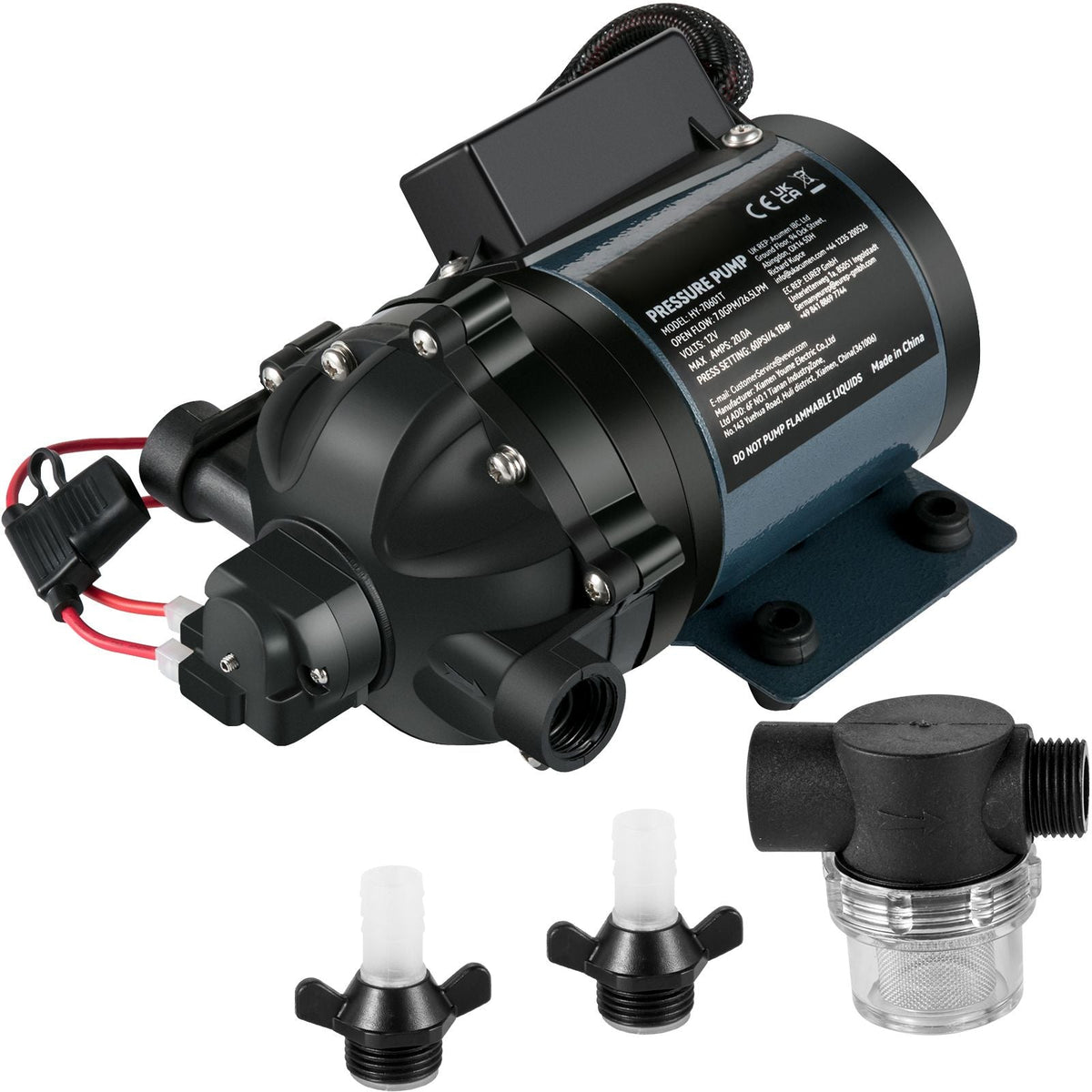 Washdown Pump, 12V DC, 7 GPM 60 PSI, Max. 10 FT Lift Self Priming Water Pump, with EPDM Valve, Universal Salt Water Strainer & Female/Male Thread, for RV, Marine Deck, Yacht
