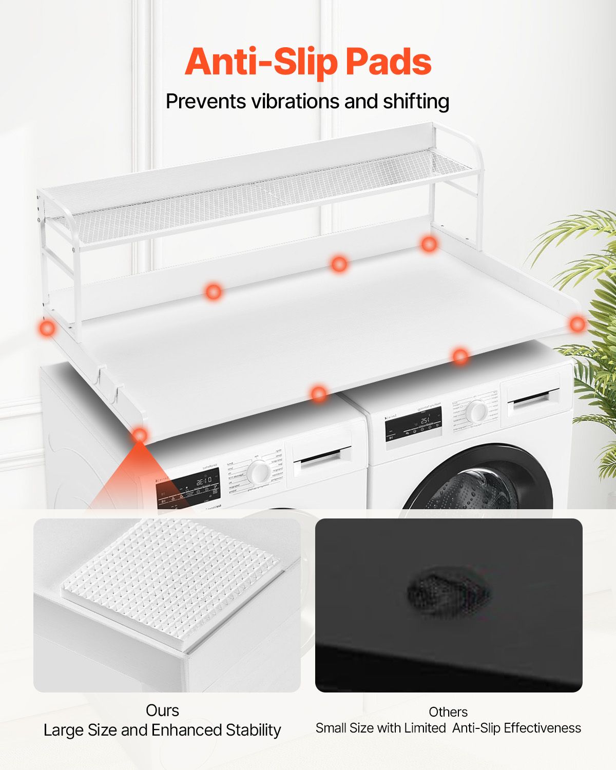 Washer Dryer Countertop with 2-Tier Shelf, 54" x 27" Wooden Washer and Dryer Countertop with Anti-Slip Pads, Water-Resistant Laundry Topper Cover for Laundry Room Organization and Storage, White