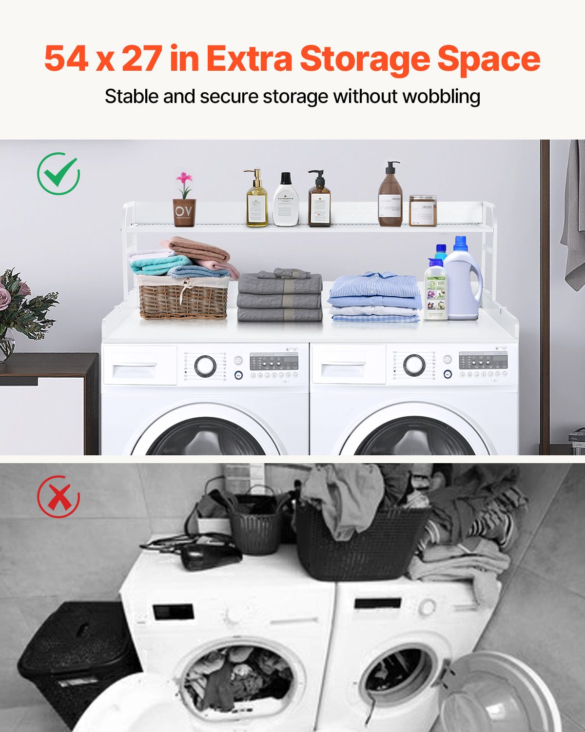 Washer Dryer Countertop with 2-Tier Shelf, 54" x 27" Wooden Washer and Dryer Countertop with Anti-Slip Pads, Water-Resistant Laundry Topper Cover for Laundry Room Organization and Storage, White