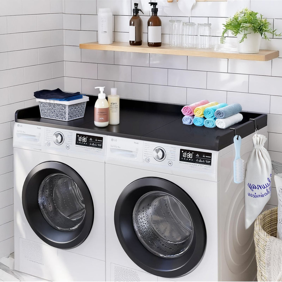 Washer Dryer Countertop with 3 Splicing Panels, 54" x 27" Wooden Washer and Dryer Countertop with Non-Slip Pads, Water-Resistant Laundry Topper for Laundry Room Organization and Storage, Black