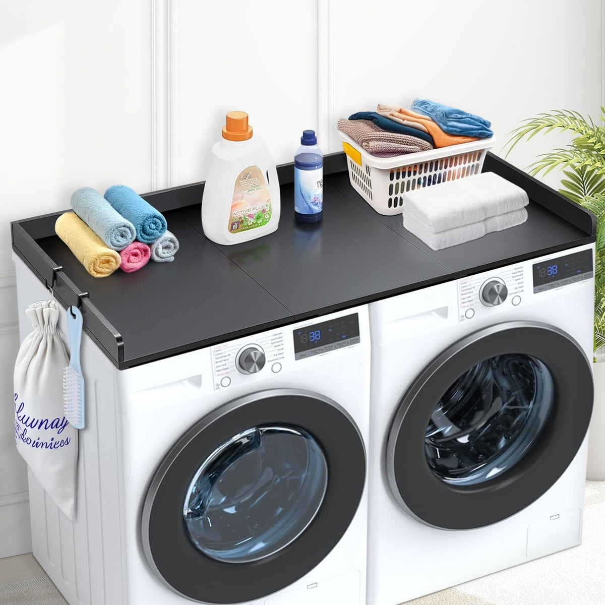 Washer Dryer Countertop with 3 Splicing Panels, 54" x 27" Wooden Washer and Dryer Countertop with Non-Slip Pads, Water-Resistant Laundry Topper for Laundry Room Organization and Storage, Black