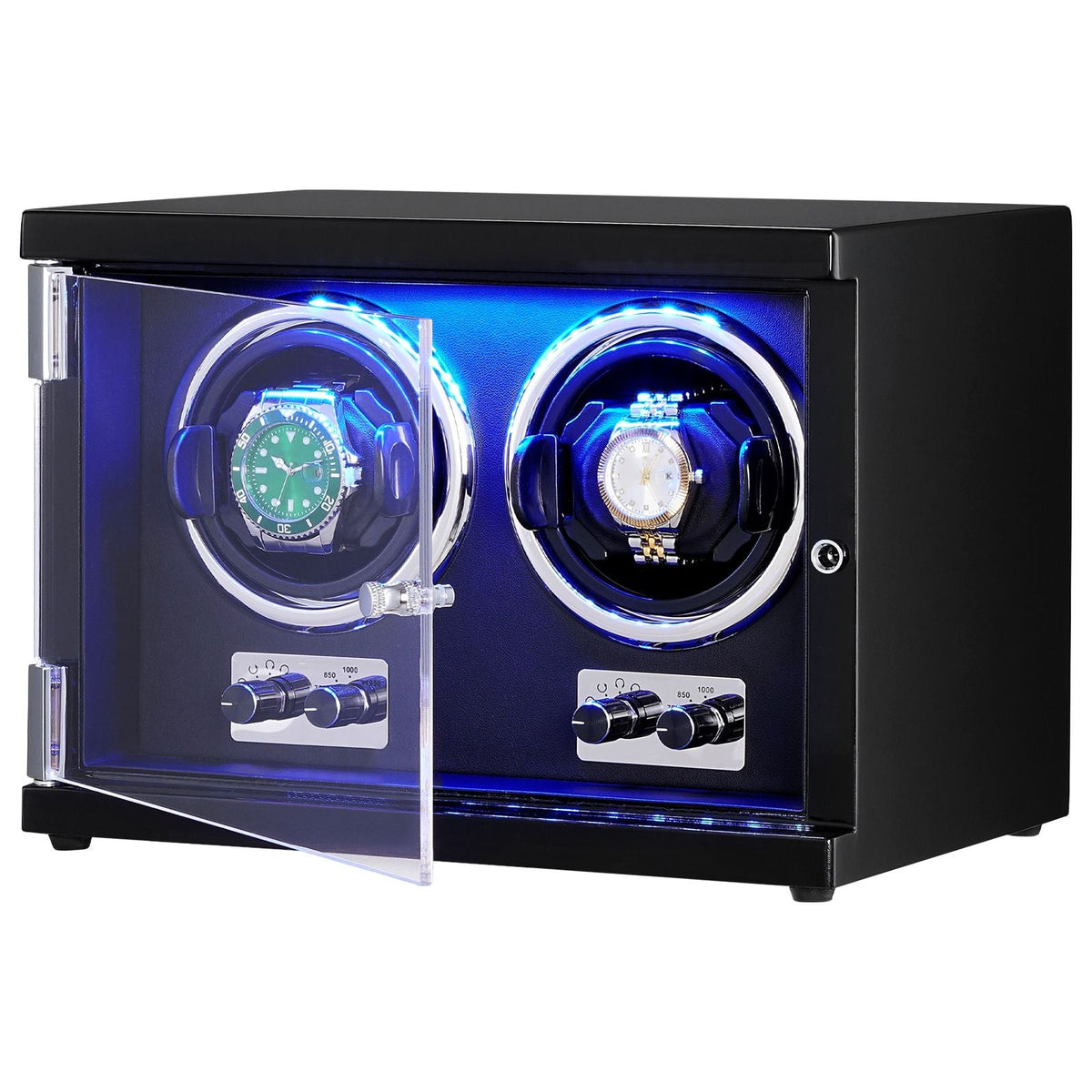 Watch Winder, Dual Watch Winder for Men's and Women's Automatic Watch, with 2 Super Quiet Japanese Mabuchi Motors, Blue LED Light and Adapter, High-Density Board Shell and Black PU