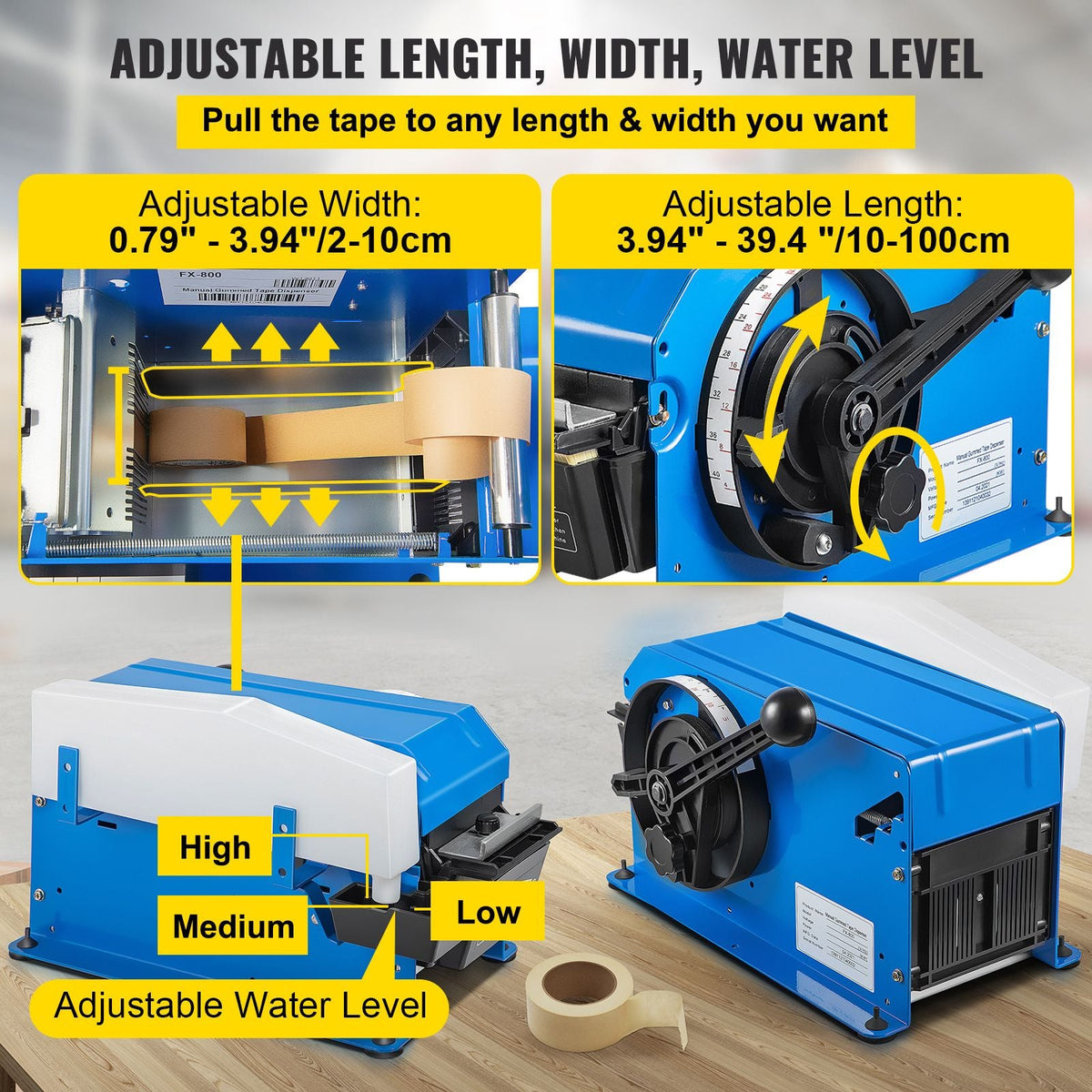 Water-Activated Tape Dispenser, Maximum 39.4\" x 3.94\" Tape, Adjustable Length, Width & Water Level, Manual Tape Dispenser with Water Brush, Carton Packaging for Express Box, Gift Box