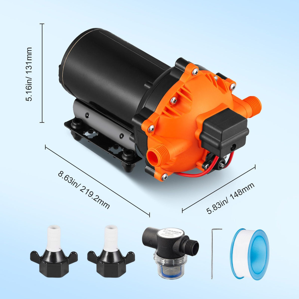 Water Diaphragm Pump, 12V DC, 5.5 GPM Flow, 70 PSI Rated Pressure (40-100 PSI Adjustable), 1/2" MNPT Self Priming Sprayer Pump with Pressure Switch for RV Camper Marine Boat Lawn, FCC Certified
