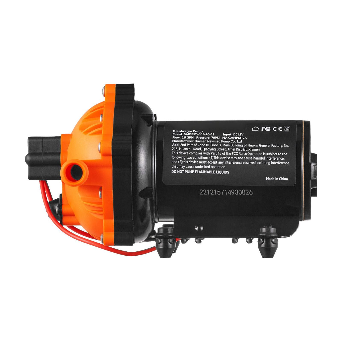 Water Diaphragm Pump, 12V DC, 5.5 GPM Flow, 70 PSI Rated Pressure (40-100 PSI Adjustable), 1/2" MNPT Self Priming Sprayer Pump with Pressure Switch for RV Camper Marine Boat Lawn, FCC Certified
