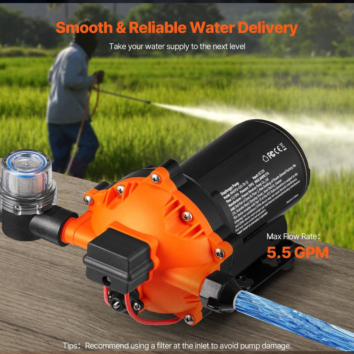Water Diaphragm Pump, 12V DC, 5.5 GPM Flow, 70 PSI Rated Pressure (40-100 PSI Adjustable), 1/2" MNPT Self Priming Sprayer Pump with Pressure Switch for RV Camper Marine Boat Lawn, FCC Certified