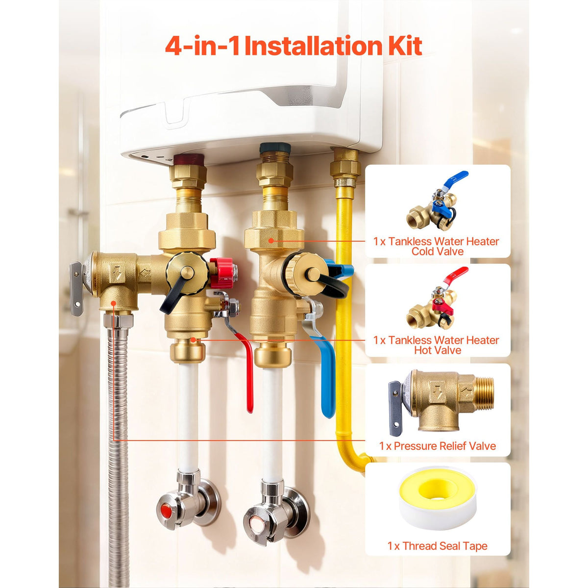 Water Heater Kit, 3/4 Inch Tankless Water Heater Service Valve Kit with 2PCS 3/4″ NPT to 3/4″ PTC Isolation Valves, Pressure Relief Valve, Fits Most Tankless Waters Heaters, Lead-Free Brass