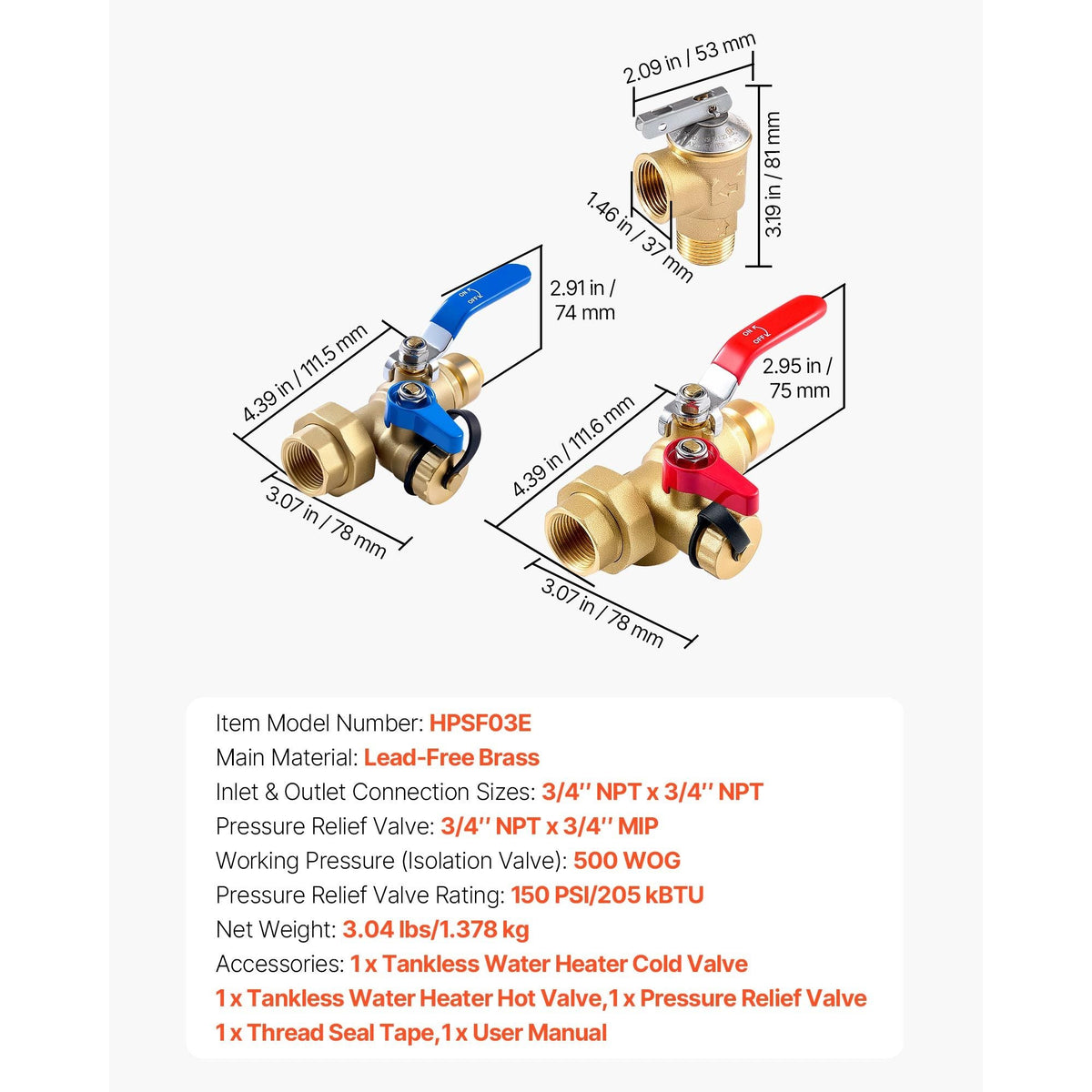 Water Heater Kit, 3/4 Inch Tankless Water Heater Service Valve Kit with 2PCS 3/4″ NPT to 3/4″ PTC Isolation Valves, Pressure Relief Valve, Fits Most Tankless Waters Heaters, Lead-Free Brass