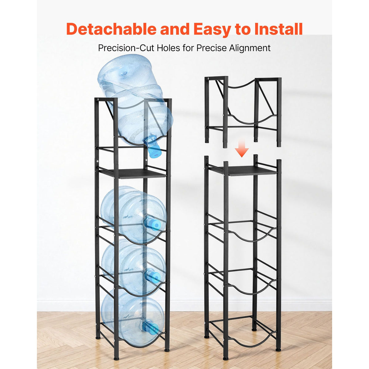 Water Jug Holder, 5 Tiers 3 and 5 Gallon Water Bottle Holder for 4 Bottles, Heavy Duty Jug Rack Organizer with Storage Shelf, Adjustable Feet, and Handle, for Kitchen, Office, Living Room, Black