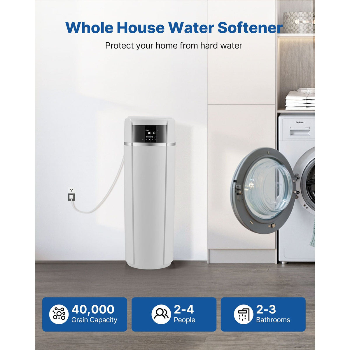 Water Softener, 40,000 Grains Whole House Water Softener System, with Automatic Touch Control Panel, Bypass Valve, Reduce Hardness and Minerals, Improve Water Quality, for 2-3 Bathrooms