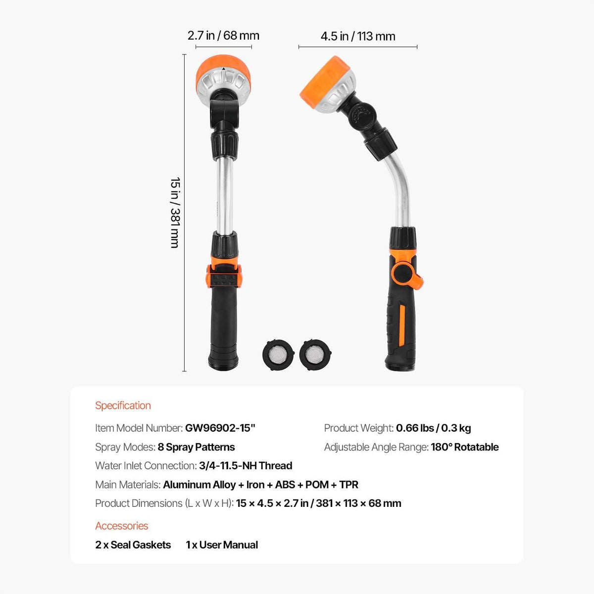 Watering Wand, 15-Inch Heavy Duty Garden Hose Wand with 8 Spray Patterns & 180° Swivel Head, Long Hose Nozzle Sprayer with on/off Thumb Control, Ideal for Hanging Baskets, Shrubs, Garden, Lawn