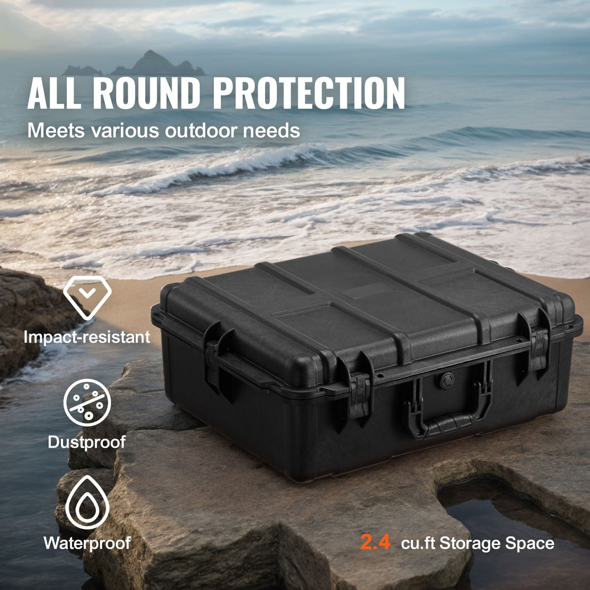 Weatherproof Hard Case, Heavy Duty Protective Dry Box Case with Pre-cut Foam, and Retractable Pull Handles for Travel, Hunting, Military, Tactical, IP67 Waterproof Case for Cameras (56.1x37x26)