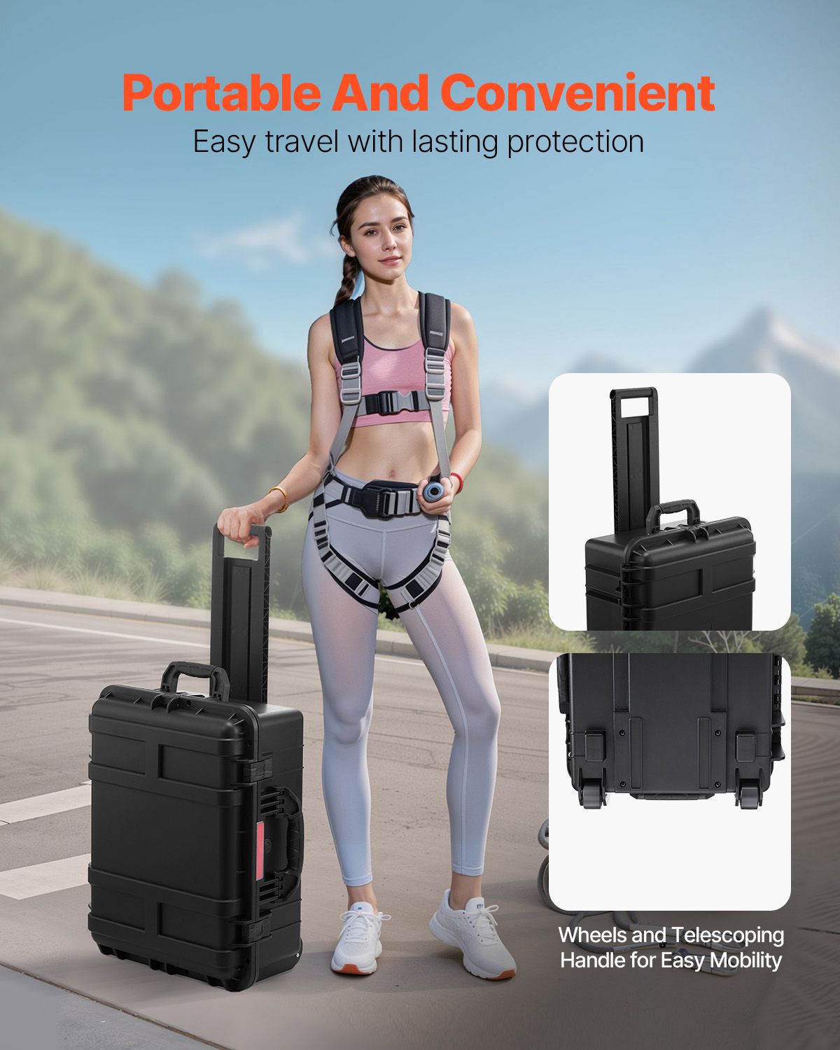 Weatherproof Hard Case, Heavy Duty Protective Dry Box Case with Pre-Cut Foam, Wheels & Retractable Pull Handles for Travel, Hunt, Military, Tactical, IP67 Waterproof Case for Cameras(57x45x28)