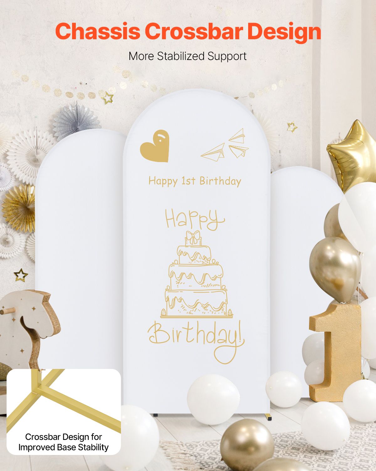 Wedding Arch Backdrop Stand, Set of 3, Metal Stable Stand with Case Connection & Chassis Crossbar Design, Easy-to-Assemble Gold Stand with Premium Gauze, Fit for Birthday, Celebration, Holiday