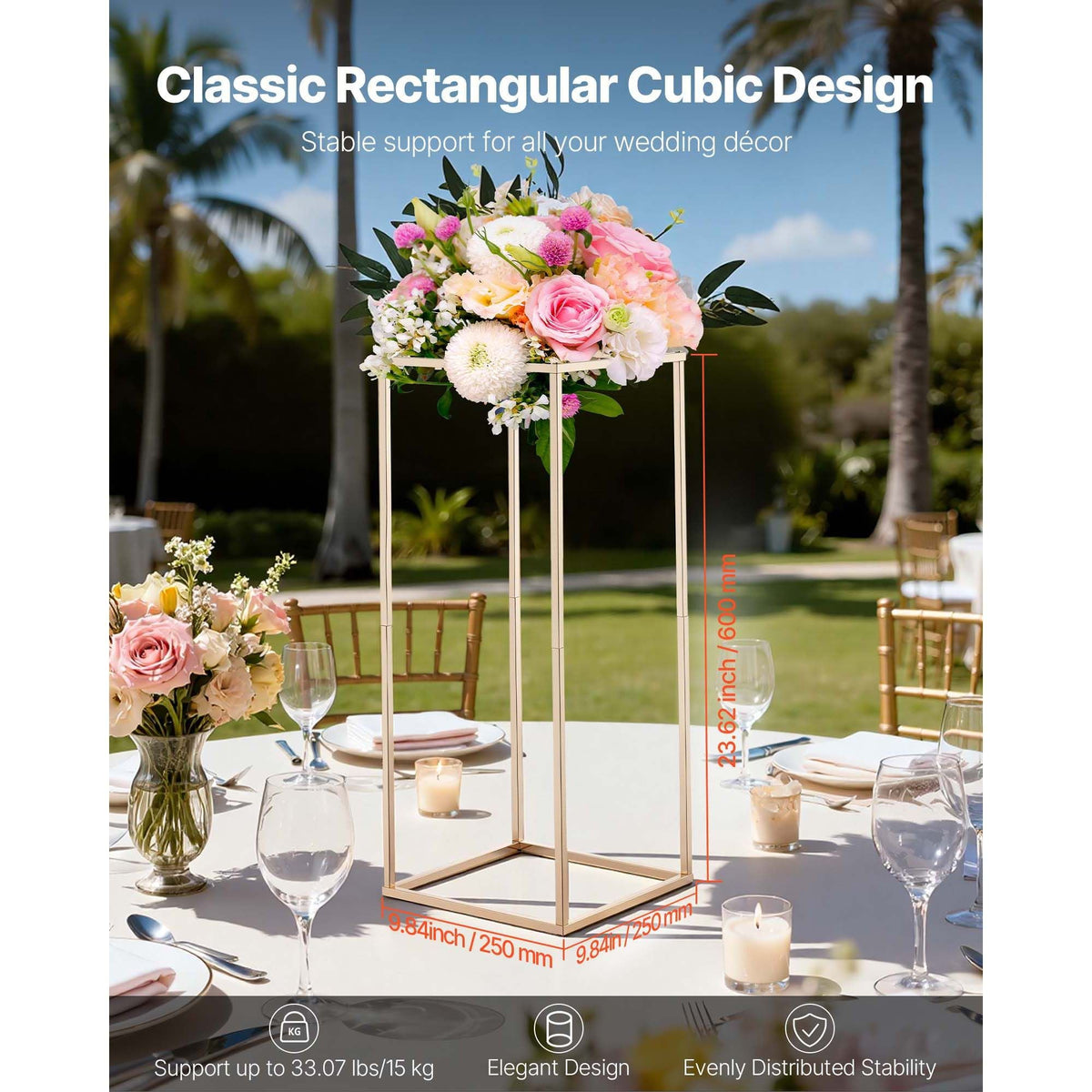 Wedding Flower Stand, 10PCS 23.62-inch Column Flower Stand, Floral Stands with Hidden Screw, Rectangular Cubic Floral Display Rack for Wedding, Party, Birthday, Home, Gold Centerpiece Stands