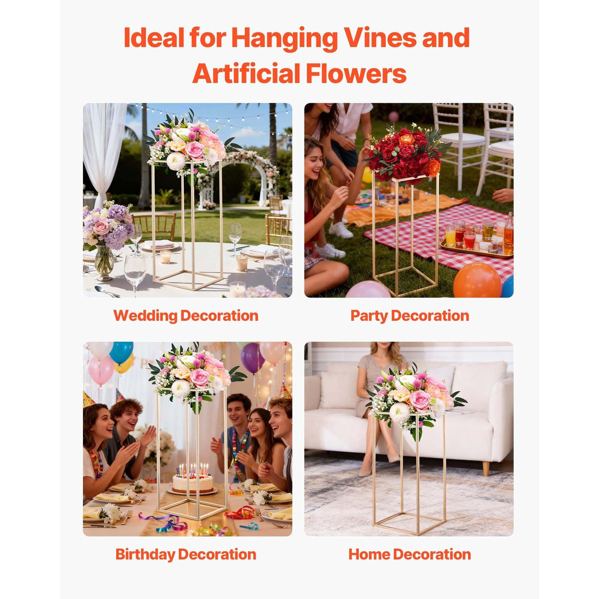 Wedding Flower Stand, 10PCS 23.62-inch Column Flower Stand, Floral Stands with Hidden Screw, Rectangular Cubic Floral Display Rack for Wedding, Party, Birthday, Home, Gold Centerpiece Stands