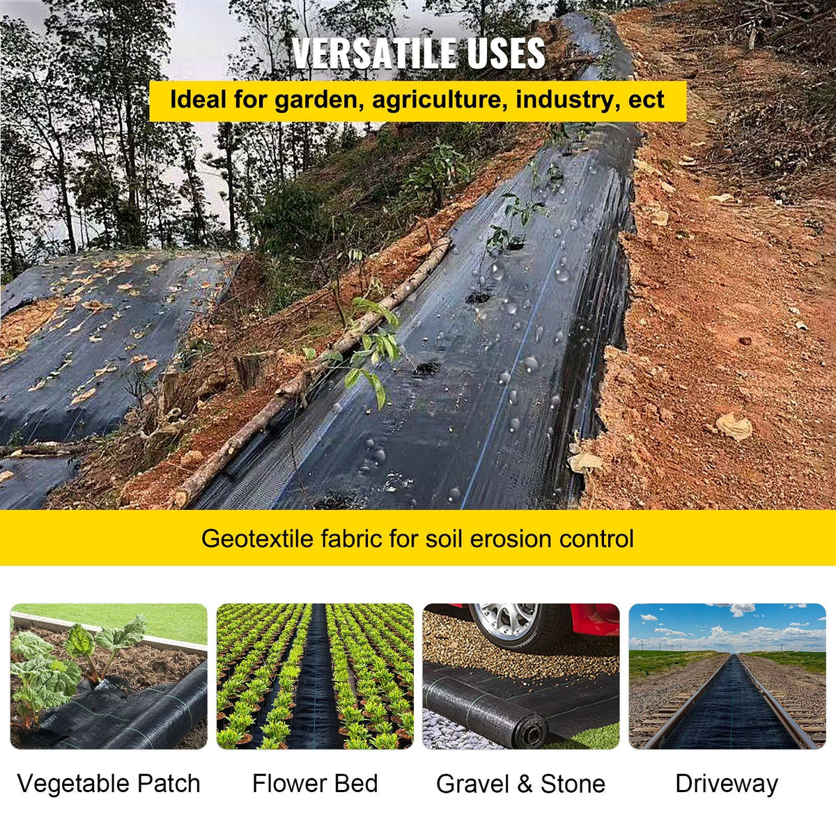 Weed Barrier Landscape Fabric, 6 x 250 ft, 4.1 Oz Premium Woven Ground Cover, Heavy Duty PP Material & Easy Setup, Weed Control for Outdoor Garden, Lawn, Driveway, Black
