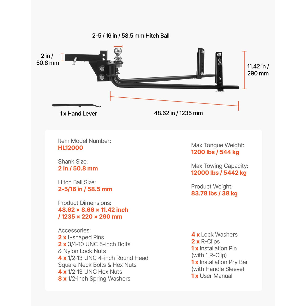 Weight Distribution Hitch, 12000 lbs Max Towing & 1200 lbs Max Tongue, Weight Distributing Hitches Kit with Sway Control Includes 2 in Shank & 2-5/16 in Ball, Load Leveling Hitch for Trailers