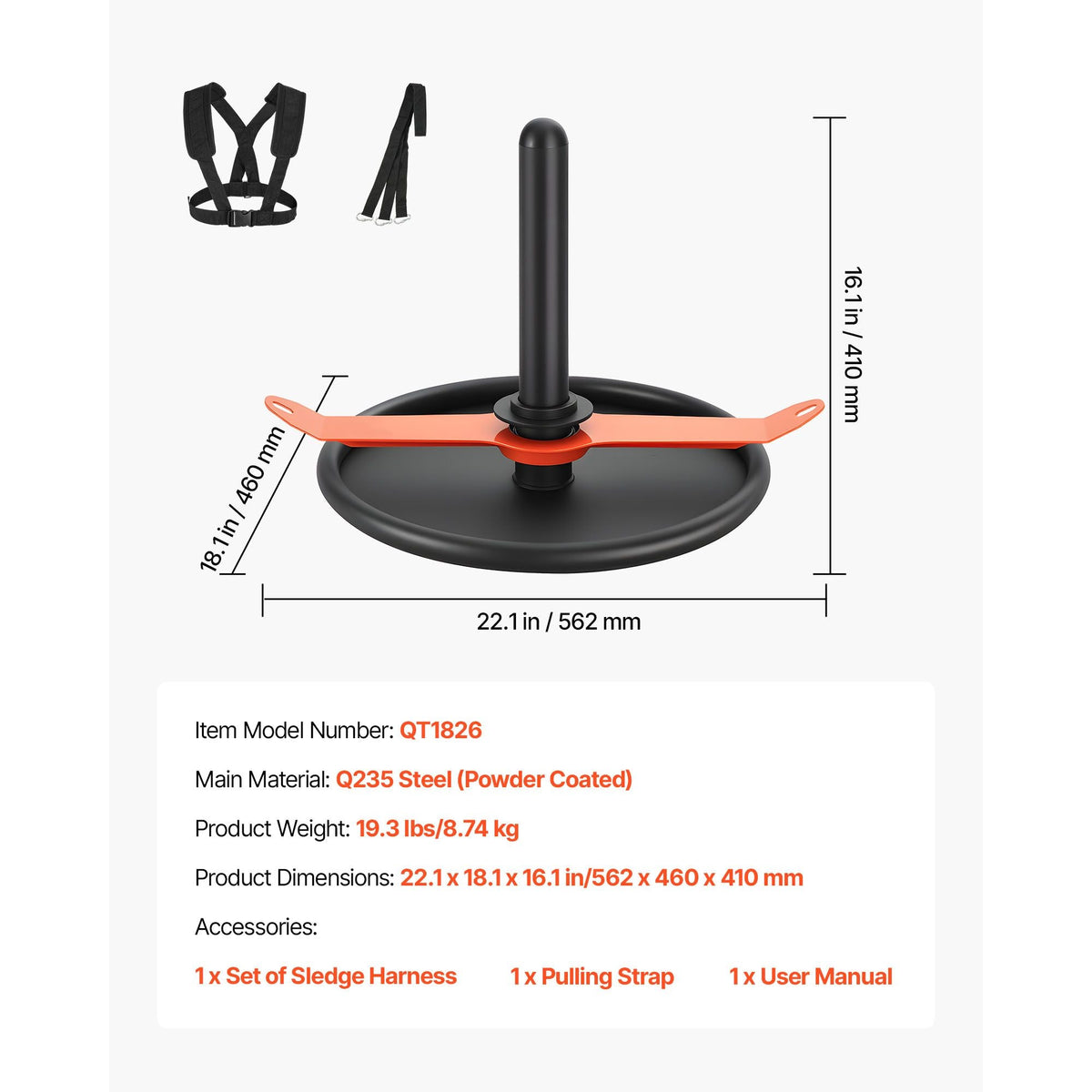 Weight Sled, Steel Power Sled, Fitness Strength Training Sleds for Athletic Exercise Speed Improvement, Workout Fitness Equipment with Harness, Compatible with 2 in Weight Plate, Orange & Black