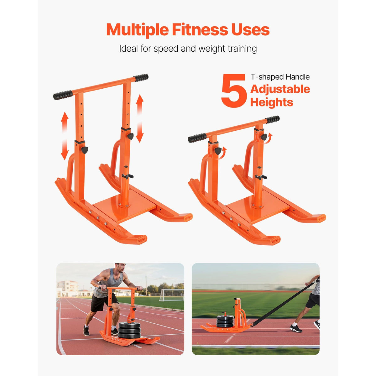Weight Sled, Steel Power Sled, Fitness Training Sleds for Athletic Exercise Speed Improvement, Workout Equipment with Adjustable Height Handle, Compatible with 1/2 in Weight Plates, Orange