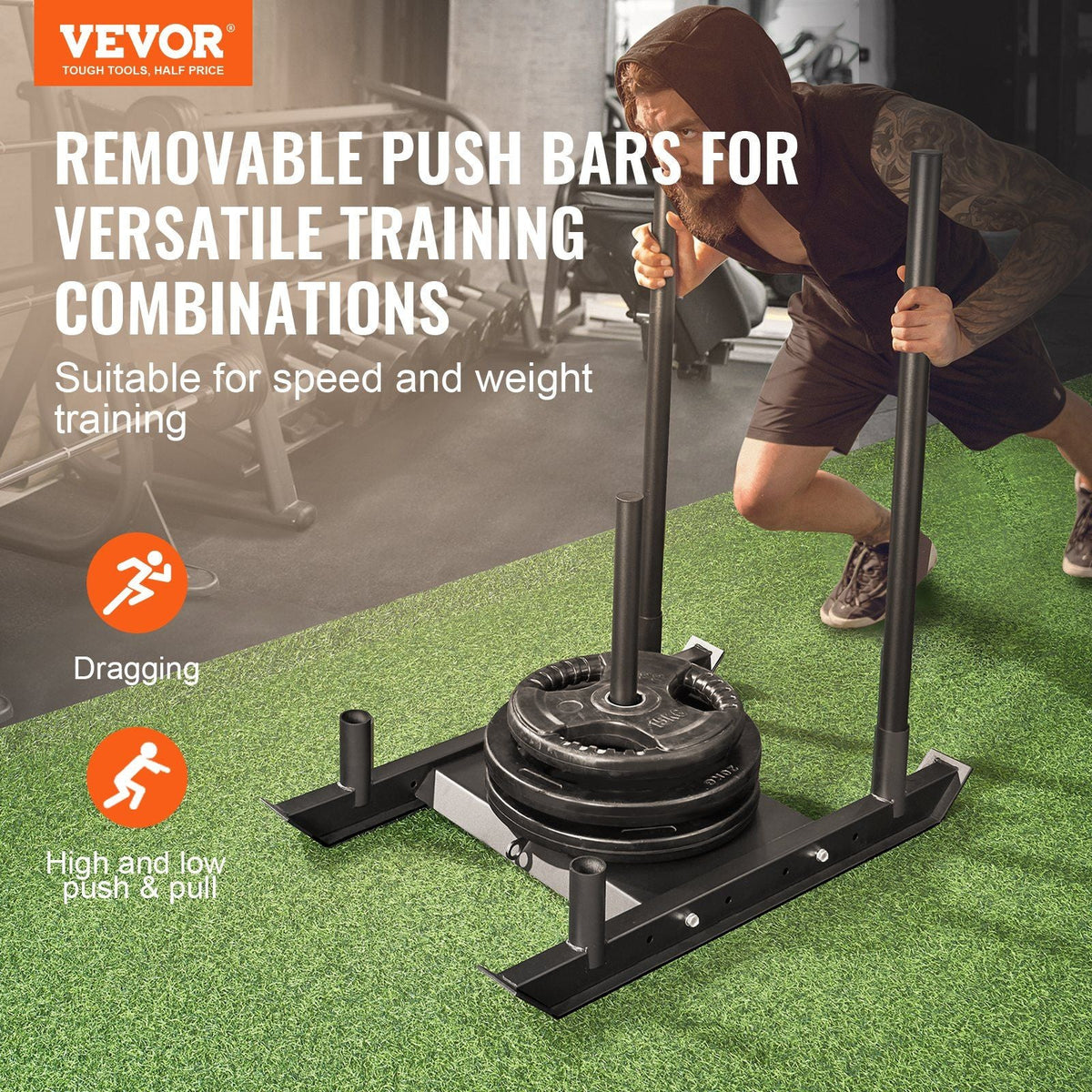 Weight Training Sled, Pull Push Power Sled, Fitness Strength Resistance Training, Steel Workout Equipment for Athletic Exercise & Speed Improvement, Suitable for 2" Weight Plate, Black