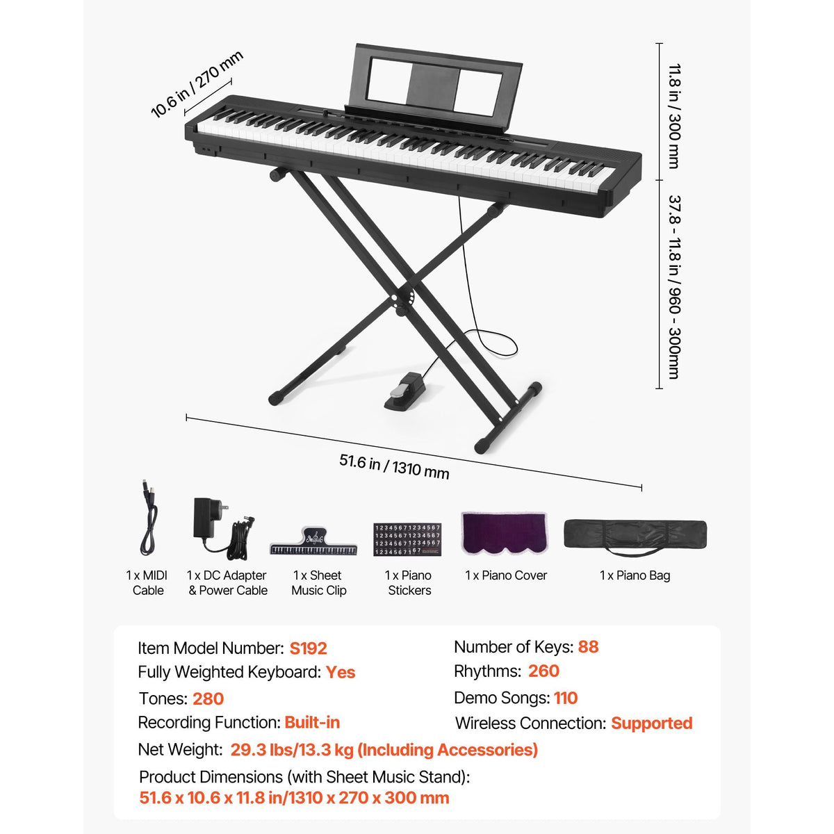 Weighted Digital Piano, 88 Keys Fully Weighted, Electric Piano Dual Keyboard & Speakers with X Stand, Sustain Pedal, Recording Function, 280 Tones, Wireless Connection, for Beginners, Black