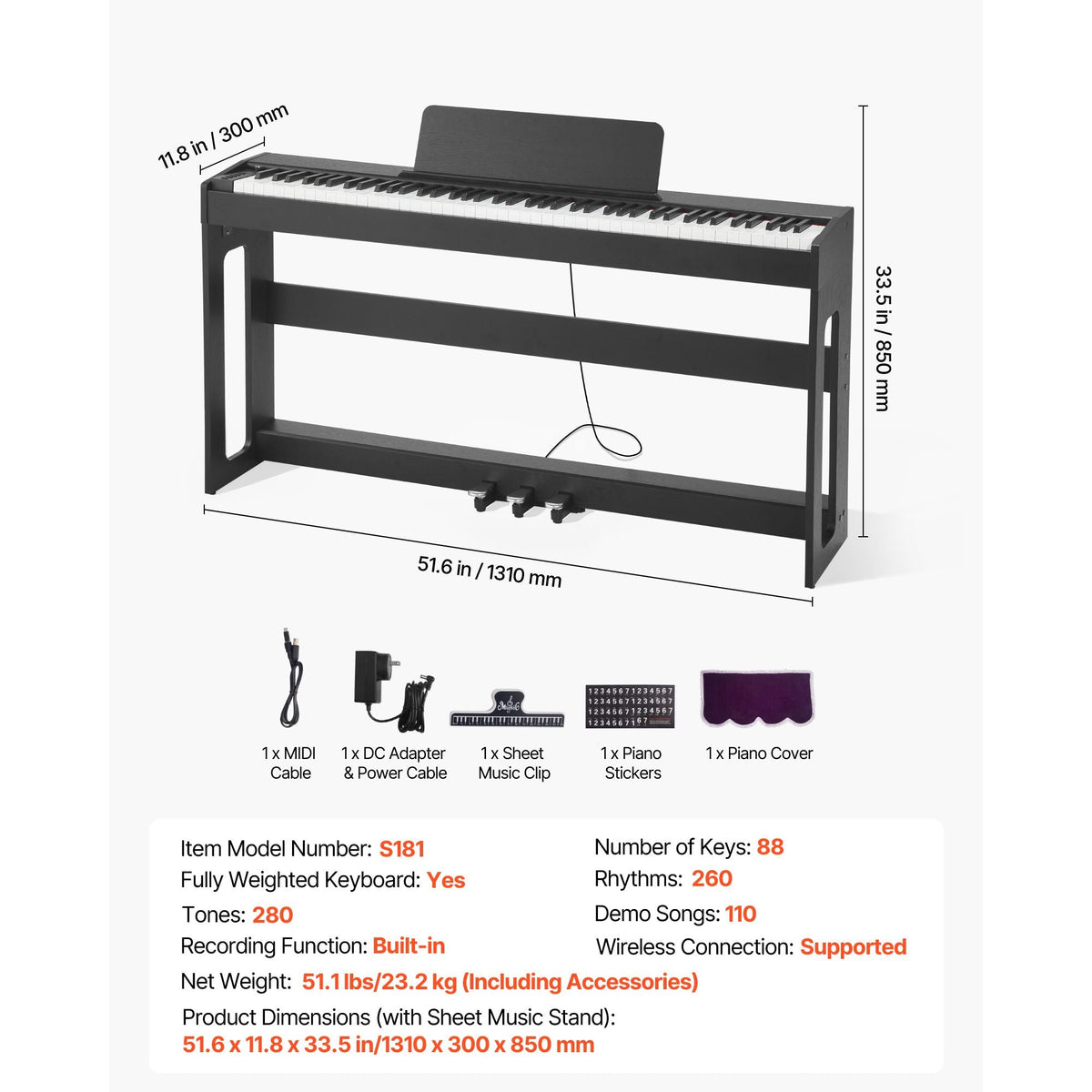 Weighted Digital Piano, 88 Keys Fully Weighted, Electric Piano Keyboard with Furniture Stand, Power Adapter, Triple Pedal, Record Function, 280 Tones, Wireless Connection, for Beginners, Black
