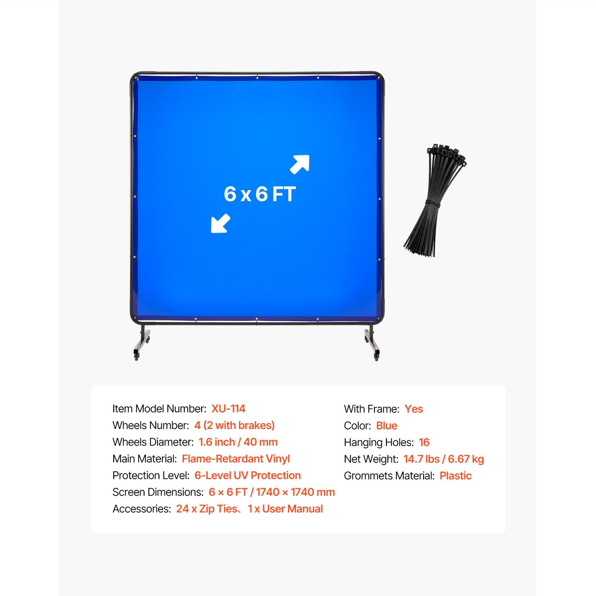 Welding Screen with Frame, 6 x 6 FT Welding Curtain Screen, Flame-Resistant Vinyl Safety Protection Screens with Lockable Swivel Wheels & 6-Level UV Protection for Workshop/Industrial Use, Blue