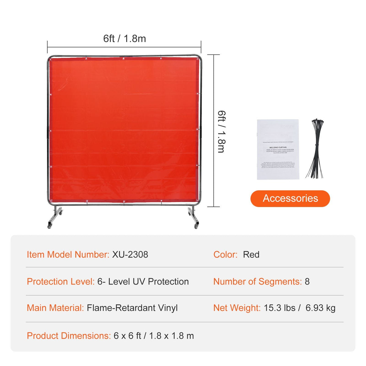 Welding Screen with Frame, 6' x 6' Welding Curtain Screen, Flame-Resistant Vinyl Welding Protection Screen on 4 Swivel Wheels (2 Lockable), Moveable & Professional for Workshop/Industrial, Red