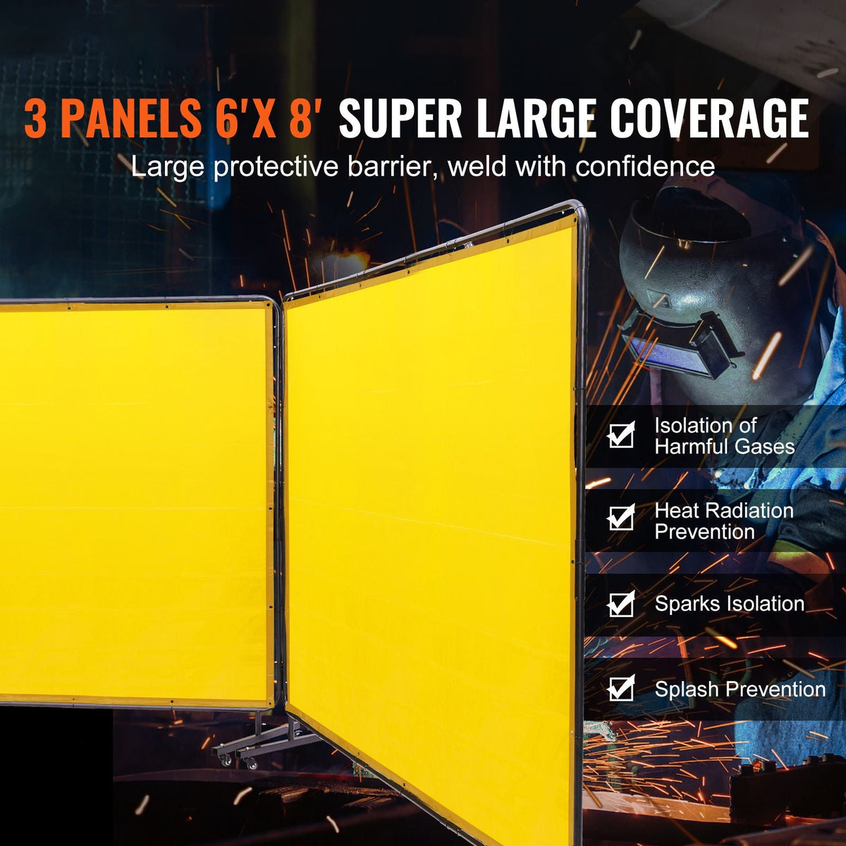 Welding Screen with Frame, 6' x 8' 3 Panel Welding Curtain Screens, Flame-Resistant Vinyl Welding Protection Screen on 12 Swivel Wheels (6 Lockable), Moveable & Professional for Workshop, Yellow