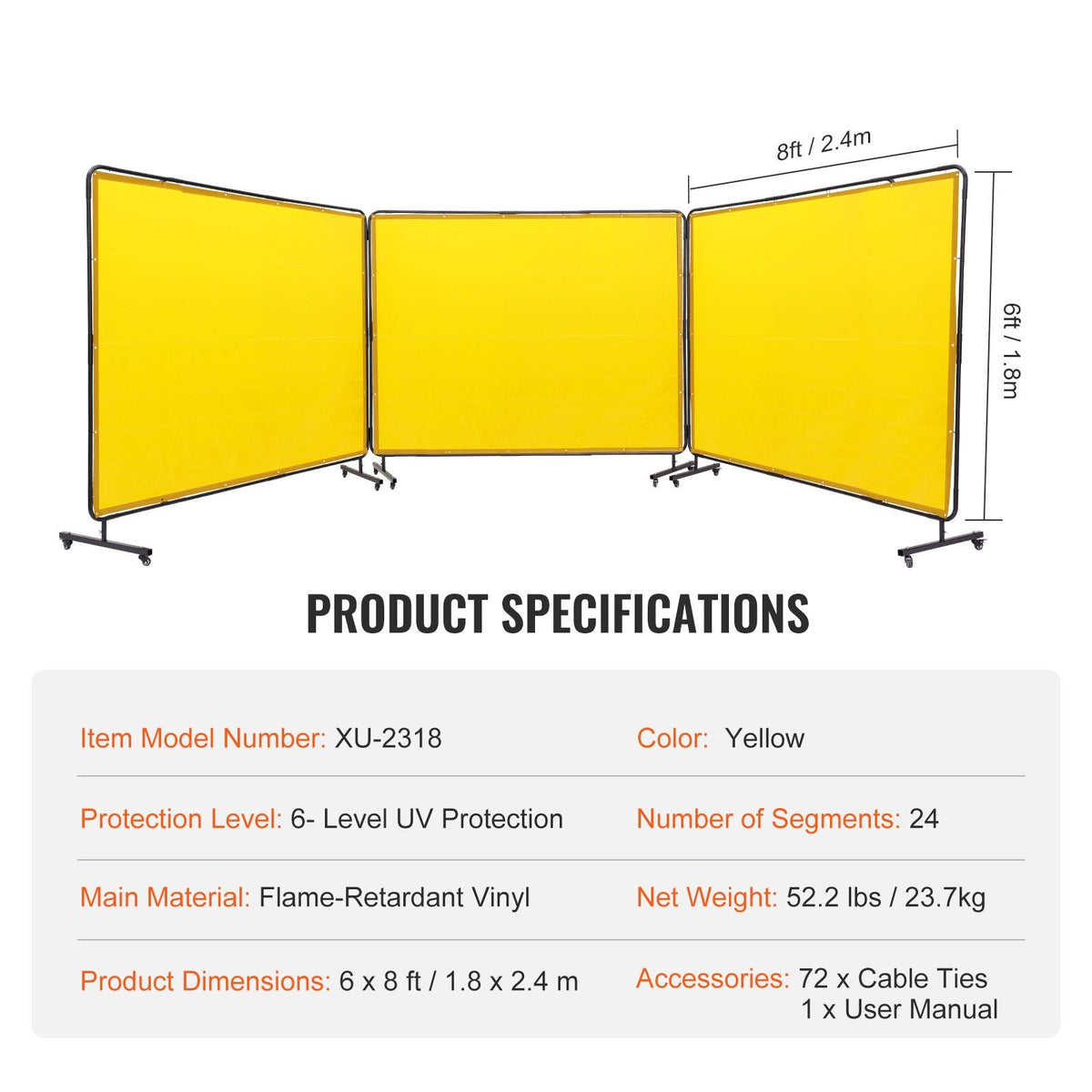 Welding Screen with Frame, 6' x 8' 3 Panel Welding Curtain Screens, Flame-Resistant Vinyl Welding Protection Screen on 12 Swivel Wheels (6 Lockable), Moveable & Professional for Workshop, Yellow